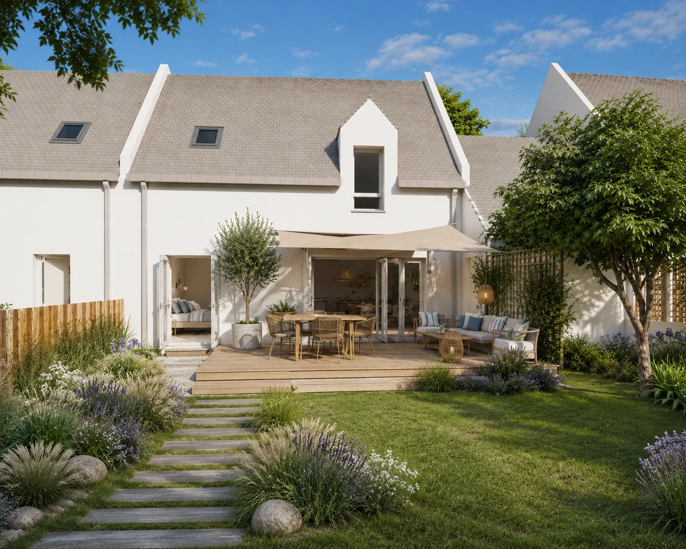 Terrasse et jardin arboré d'une maison neuve du Hameau de Saint-Cornély à Carnac
